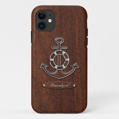 Personalize it Wet Nautical Mahogany Anchor Steel iPhone 11 Case