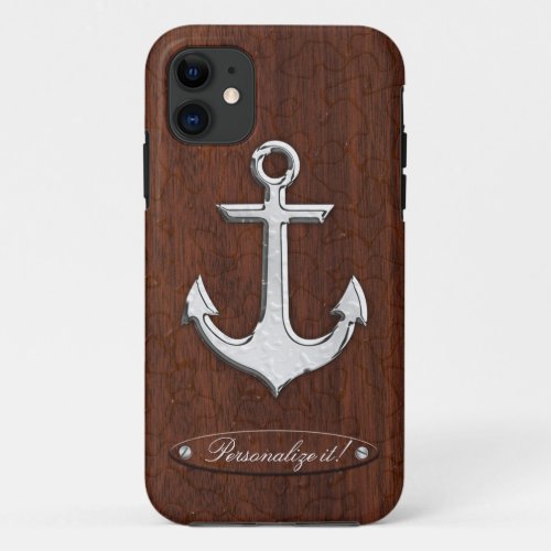 Personalize it Wet Nautical Mahogany Anchor Steel iPhone 11 Case
