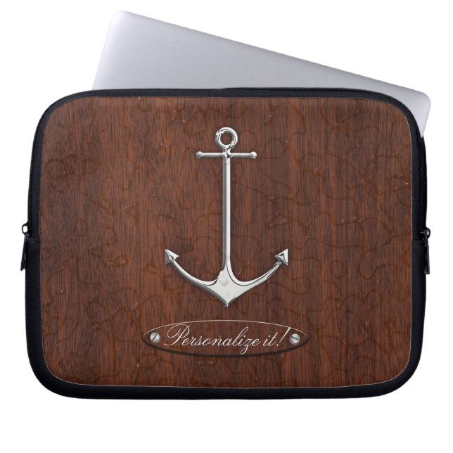 Personalize it! Wet Nautical Mahogany Anchor Steel Laptop Sleeve (Front)