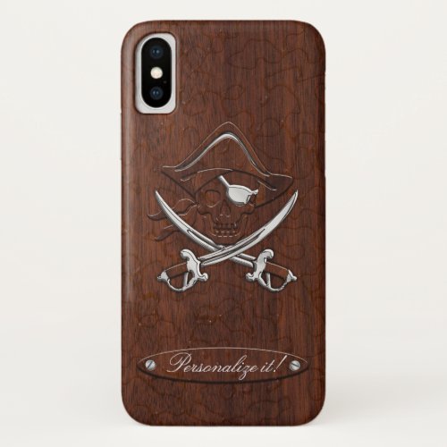 Personalize it Wet Nautical Mahogany Pirate Skull iPhone XS Case