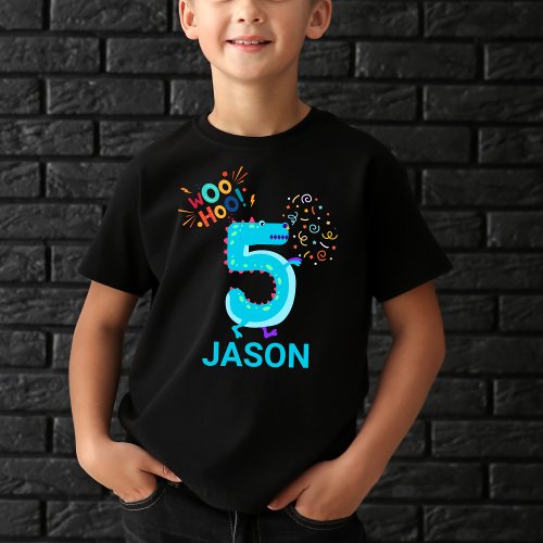 Personalize it Woohoo Monster 5th Birthday Kids T_Shirt