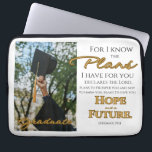 Personalize Jeremiah 29:11 Grad Cap Scripture Laptop Sleeve<br><div class="desc">For I know the plans I have for you, declares the Lord, plans to prosper you and not to harm you, plans to give you HOPE and a FUTURE. Jeremiah 29:11 Graduation Cap and Gold Text Design. You can personalize this, such as replacing the image using the "Edit Design Tool"....</div>