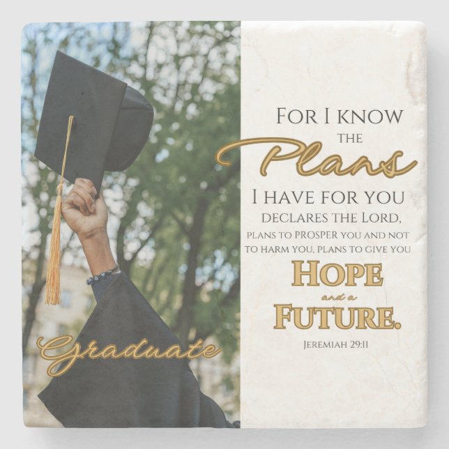Personalize Jeremiah 29:11 Grad Cap Scripture Stone Coaster (Front)