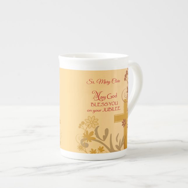 Personalize, Jubilee Anniversary Nun Cross, Swirls Bone China Mug (Front Right)