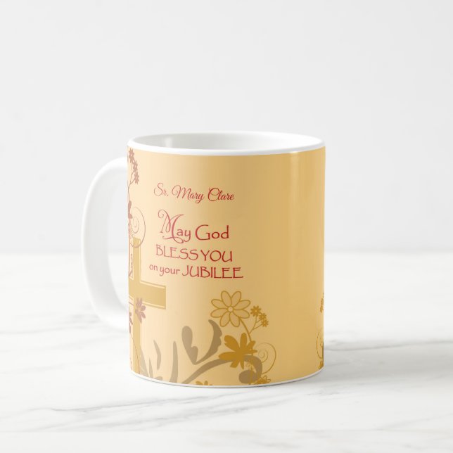 Personalize, Jubilee Anniversary Nun Cross, Swirls Coffee Mug (Front Left)