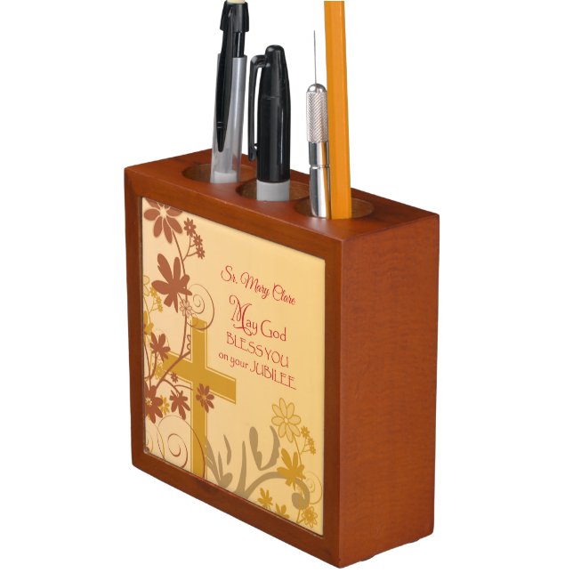 Personalize, Jubilee Anniversary Nun Cross, Swirls Desk Organizer (In Situ)