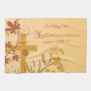 Personalize, Jubilee Anniversary Nun Cross, Swirls Kitchen Towel