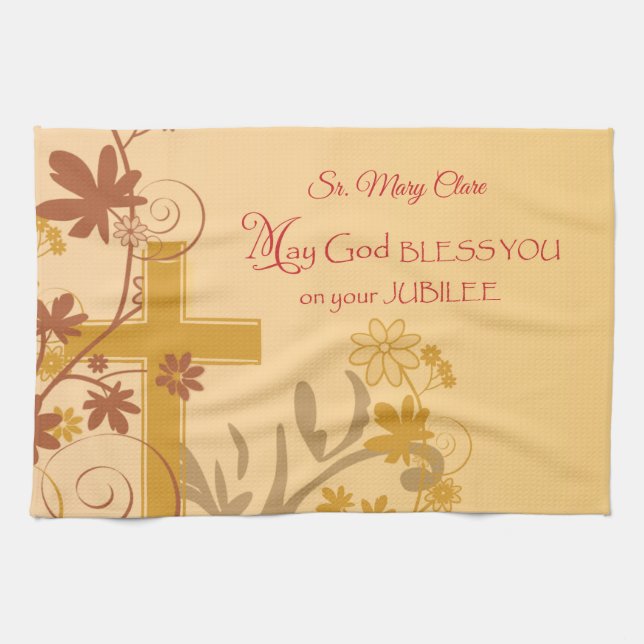 Personalize, Jubilee Anniversary Nun Cross, Swirls Kitchen Towel (Horizontal)