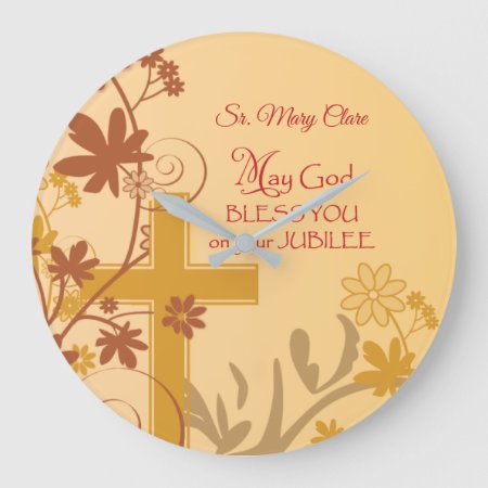 Personalize, Jubilee Anniversary Nun Cross, Swirls Large Clock