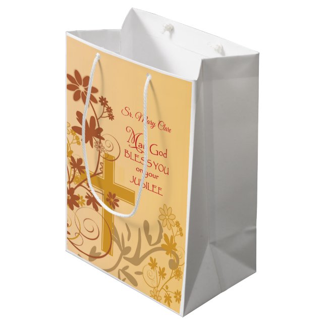 Personalize, Jubilee Anniversary Nun Cross, Swirls Medium Gift Bag (Front Angled)