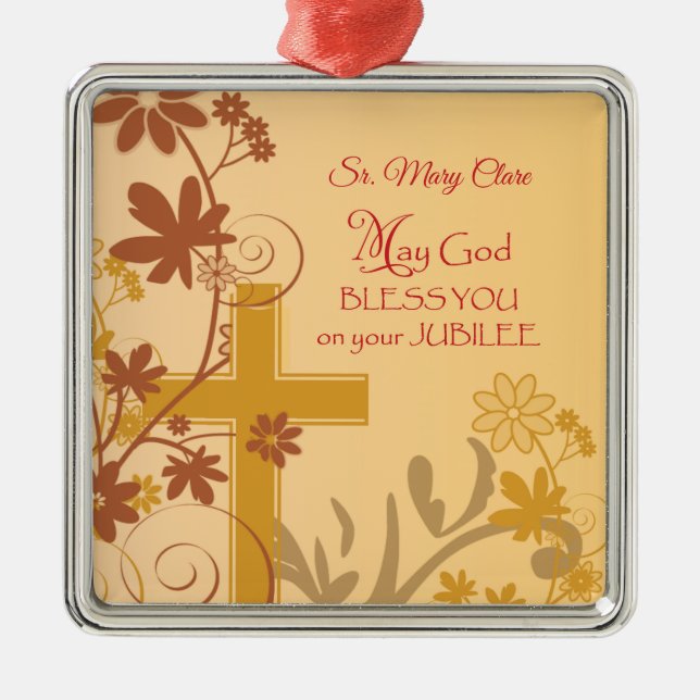 Personalize, Jubilee Anniversary Nun Cross, Swirls Metal Ornament (Front)