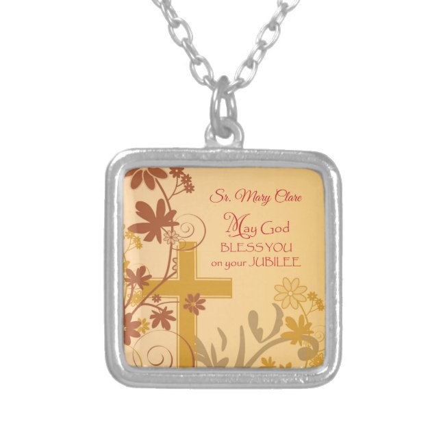 Personalize, Jubilee Anniversary Nun Cross, Swirls Silver Plated Necklace (Front)