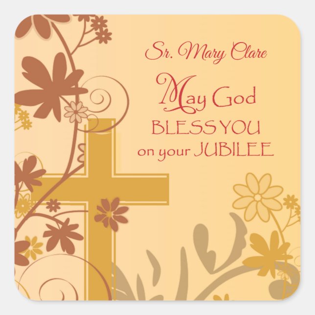 Personalize, Jubilee Anniversary Nun Cross, Swirls Square Sticker (Front)