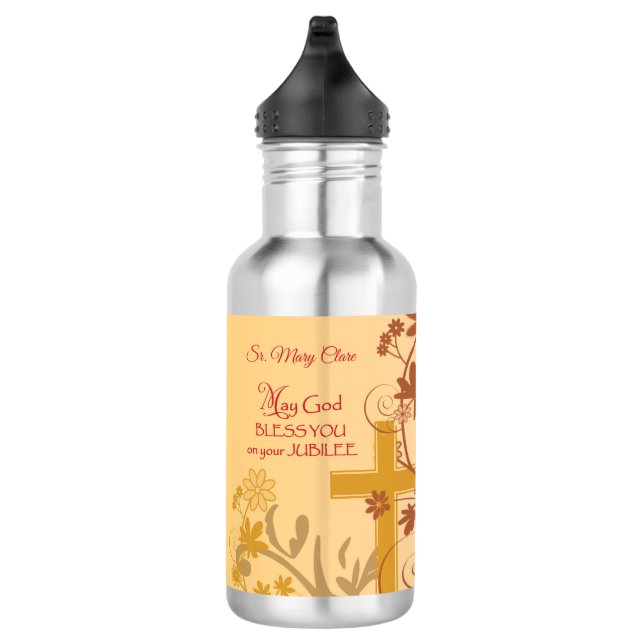 Personalize, Jubilee Anniversary Nun Cross, Swirls Stainless Steel Water Bottle (Right)