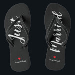 Personalize Just Married Flip Flops in black<br><div class="desc">These adorable black flip flops feature "Just Married" and your personalized name in white print with a red heart</div>