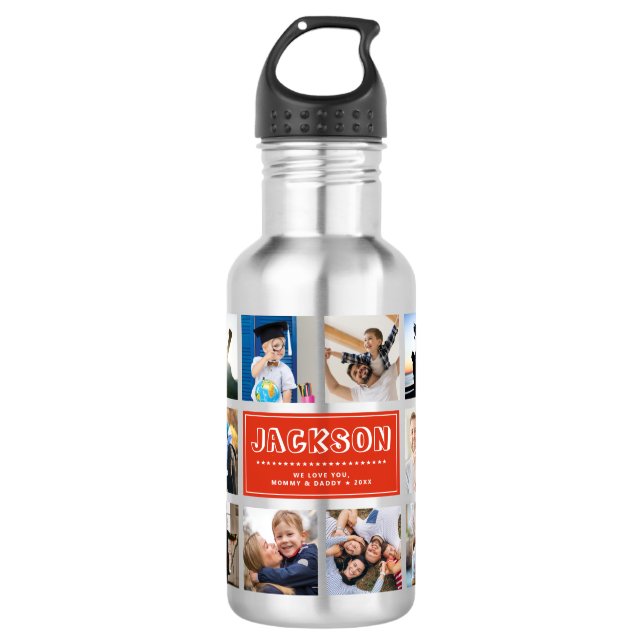 Personalize Kid Child Name Instagram Photo Collage Stainless Steel Water Bottle (Front)