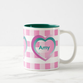 Personalize Kids Names Pink Gingham Hearts Mug