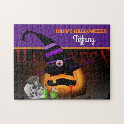 Personalize Kids Scary Halloween Pumpkin Witch Jigsaw Puzzle