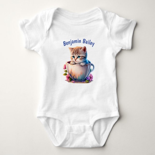 Personalize Kitten in a tea cup Baby Bodysuit (Front)