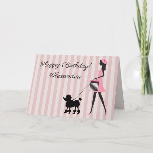 Personalize Lady walking poodle Happy Birthday Card