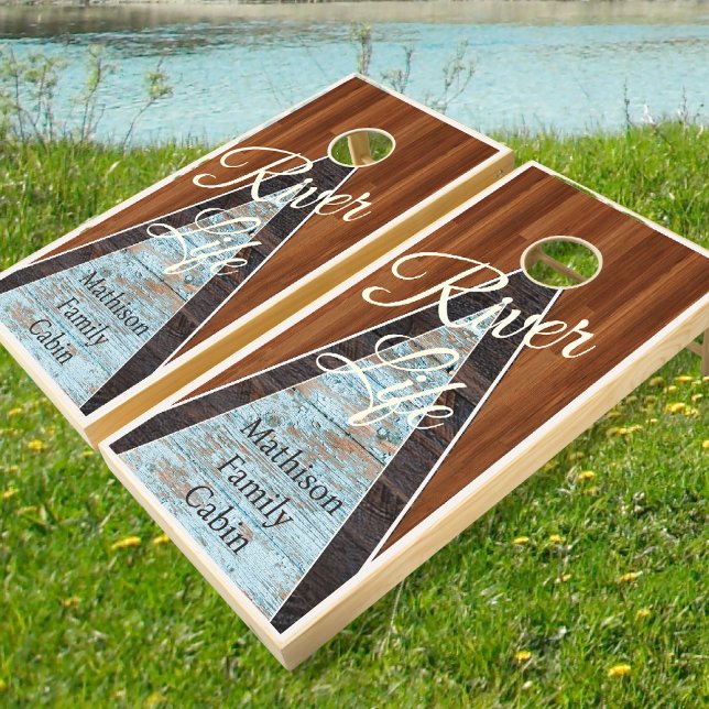 Personalize Lake Life Rustic Teal Brown Wood Grain Cornhole Set (Creator Uploaded)