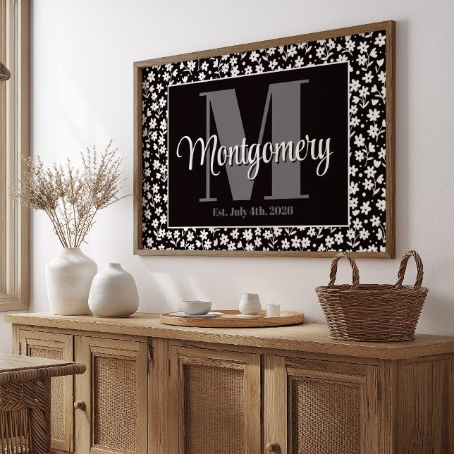 Personalize Last Name Print Black White Floral (Creator Uploaded)