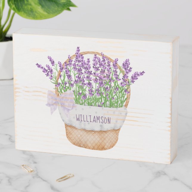 Personalize Lavender Floral Flower Basket Purple Wooden Box Sign (In Situ Horizontal)