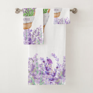 Personalize Lavender Flowers Basket Purple Green Bath Towel Set