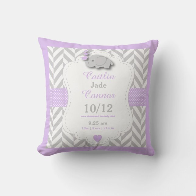 Personalize - Lavender, Gray and White Elephant Throw Pillow (Front)