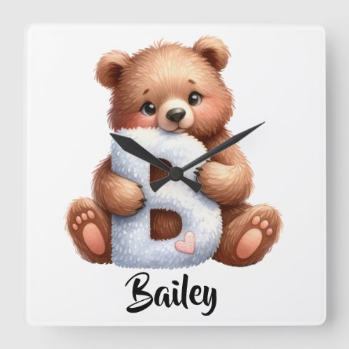 Personalize Letter B Monogram Name Nursery Kids Square Wall Clock