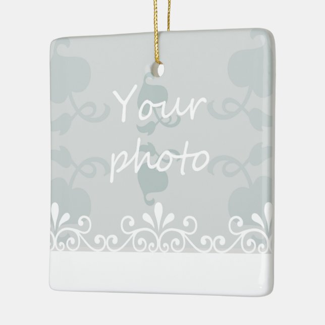 Personalize Light blue White Swirls Wedding Photo Ceramic Ornament (Left)