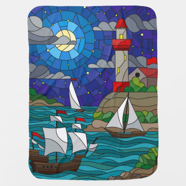 Personalize Lighthouse Shore Ships Sea Starry Sky  Baby Blanket (Front)