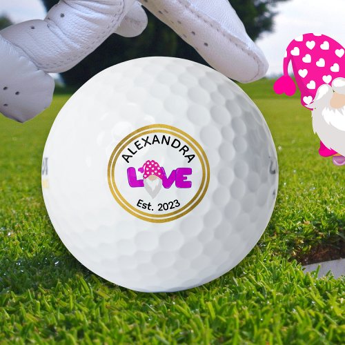 Personalize Love Gnome Heart Pink  Purple   Golf Balls