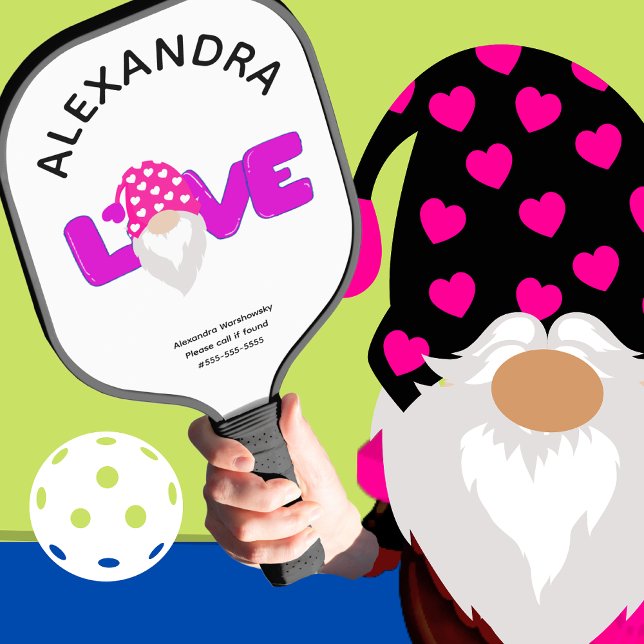 Personalize Love Gnome Heart Pink  Purple  Pickleball Paddle (Creator Uploaded)