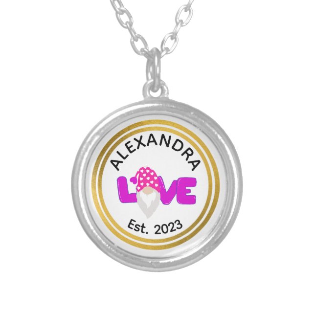Personalize Love Gnome Heart Pink  Purple  Silver Plated Necklace (Front)