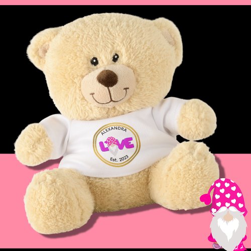 Personalize Love Gnome Heart Pink  Purple   Teddy Bear