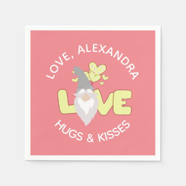 Personalize Love Gnome Heart Yellow And Gray  Napkins (Front)