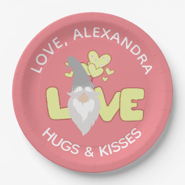 Personalize Love Gnome Heart Yellow And Gray  Paper Plates (Front)