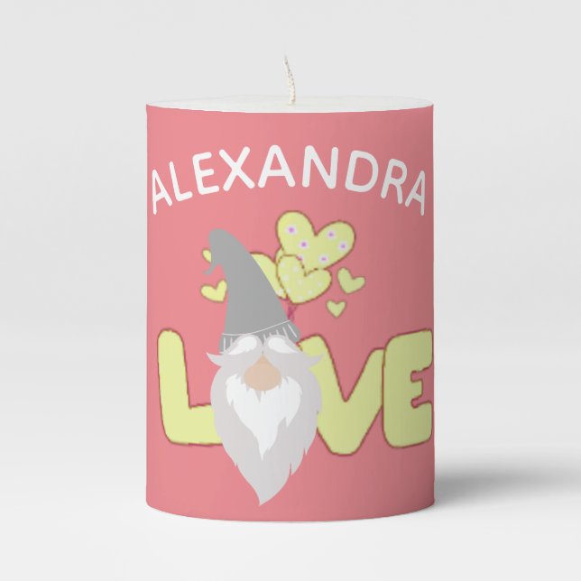 Personalize Love Gnome Heart Yellow And Gray  Pill Pillar Candle (Front)