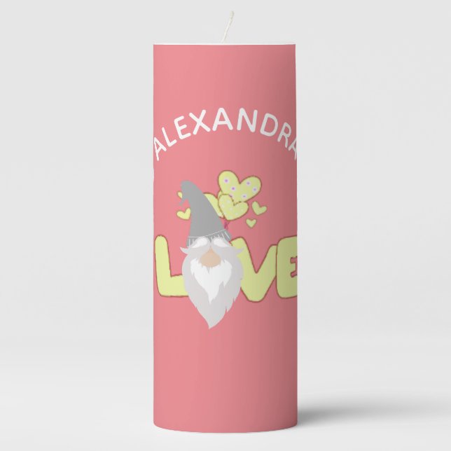Personalize Love Gnome Heart Yellow And Gray  Pillar Candle (Front)