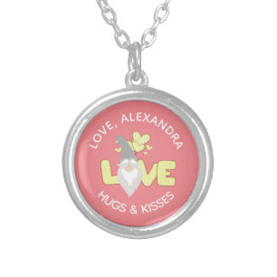 Personalize Love Gnome Heart Yellow And Gray   Silver Plated Necklace