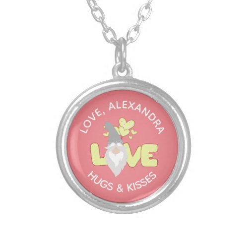 Personalize Love Gnome Heart Yellow And Gray   Silver Plated Necklace