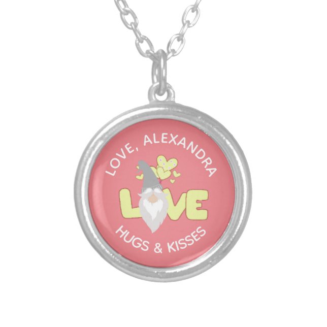 Personalize Love Gnome Heart Yellow And Gray   Silver Plated Necklace (Front)