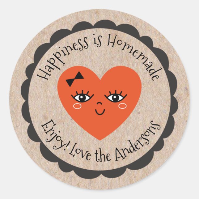Personalize Made with Love Kraft Cute Heart Classic Round Sticker (Front)