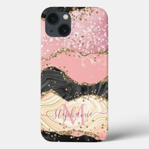 Personalize Marble Pink Sparkle Gold Glitter Agate iPhone 13 Case