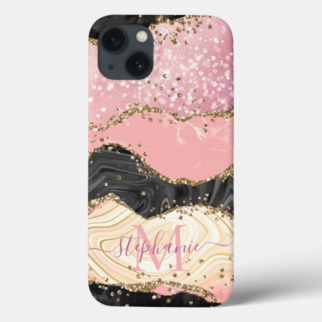 Personalize Marble Pink Sparkle Gold Glitter Agate Case-Mate iPhone Case (Back)