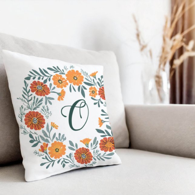 Personalize Marigold Floral Wreath Pillow (Pillow on couch
)