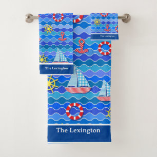 Personalize Marine Wave Red Blue Anchor Boat Sail Bath Towel Set