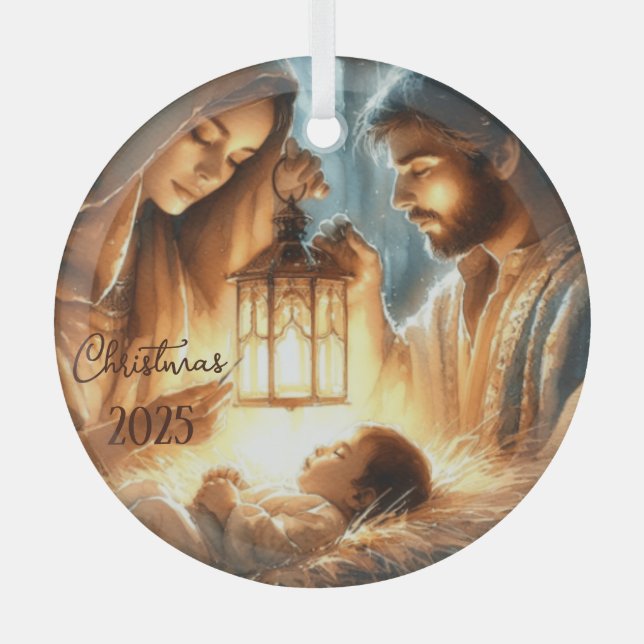 Personalize Mary & Joseph Watching Over Baby Jesus Glass Ornament (Front)