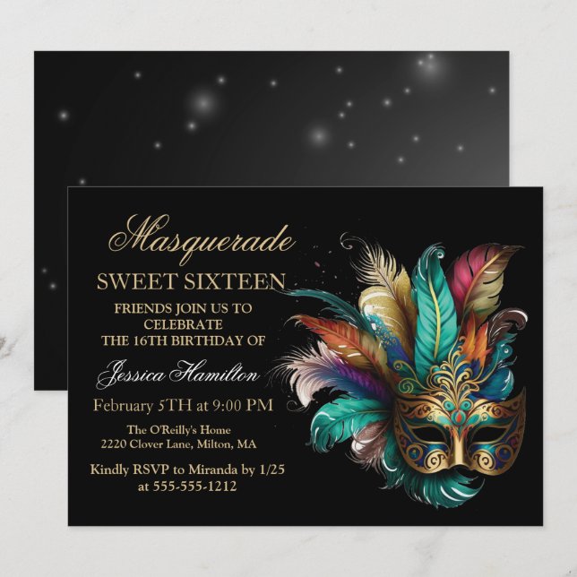Personalize Masquerade Mask Teal  Glitter Sweet 16 Invitation (Front/Back)